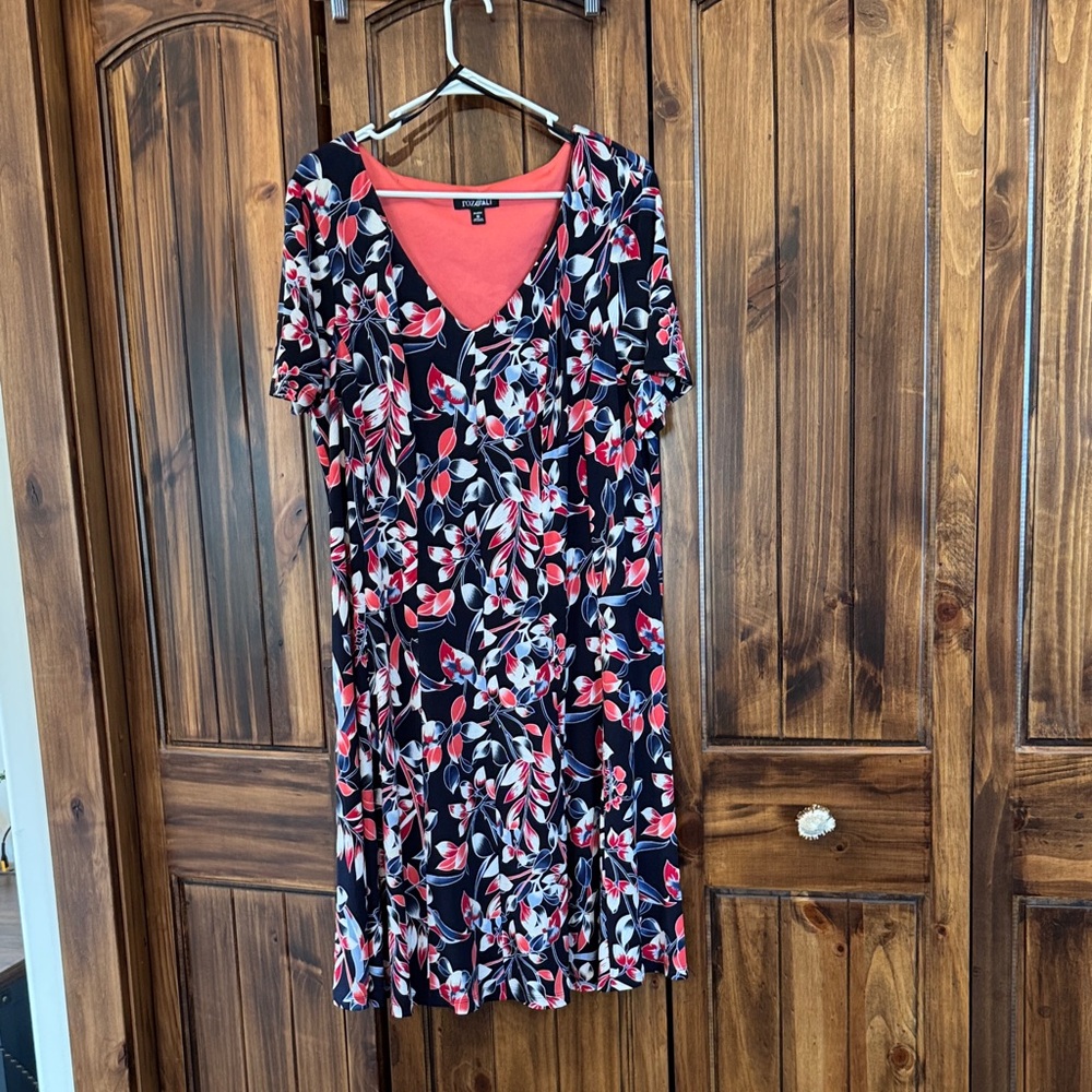 Roz & Ali Navy Midi Dress with Coral and White Floral Print